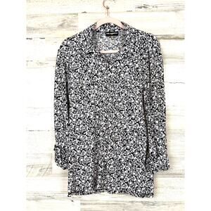 Karl Lagerfeld Womens L Black White Floral Long Sleeve Roll Cuff Button Up Shirt